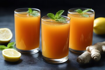 Fototapeta premium Refreshing Ginger Lemon Juice Drink Glasses Photography
