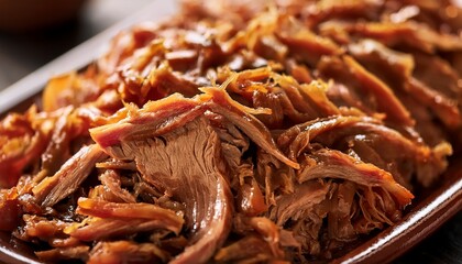 Macro shot of slow-cooked pulled pork, with tender fibers glistening in savory juices, highlighting the juicy, melt-in-your-mouth texture.