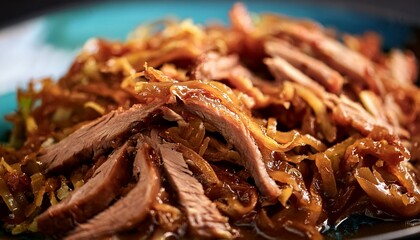 Macro shot of slow-cooked pulled pork, with tender fibers glistening in savory juices, highlighting the juicy, melt-in-your-mouth texture.