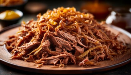 Macro shot of slow-cooked pulled pork, with tender fibers glistening in savory juices, highlighting the juicy, melt-in-your-mouth texture.