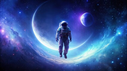 Obraz premium A lone astronaut floats serenely amidst a cosmic ballet of celestial bodies and nebulae, a breathtaking spectacle of interstellar wonder.
