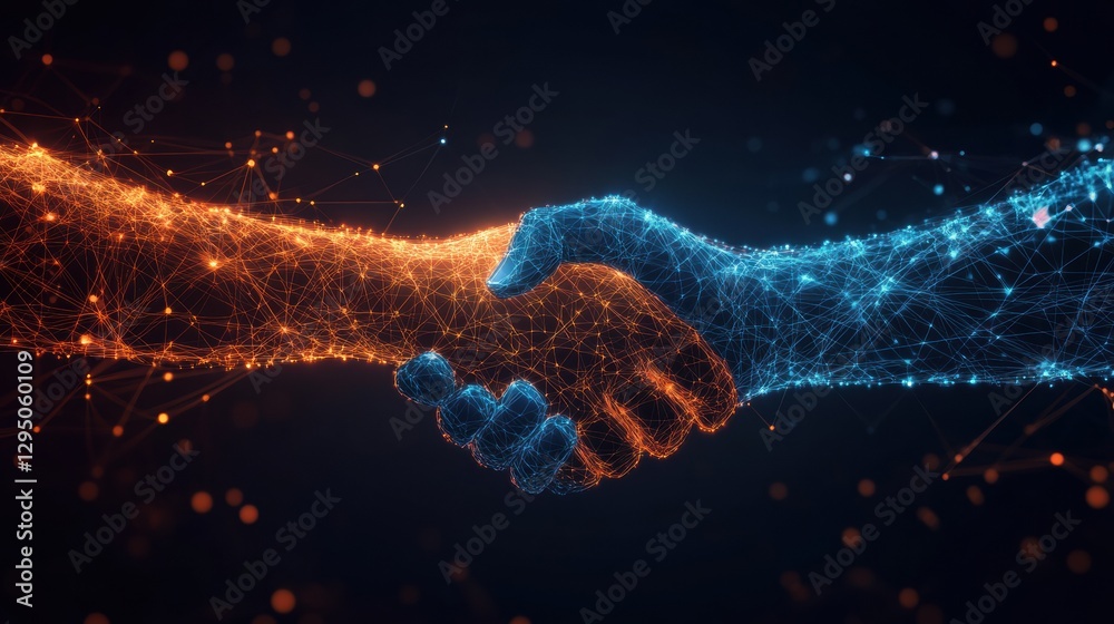 Aufkleber Glowing handshake signifies connection and collaboration in the digital business landscape with abstract lines of communication. Generative AI
