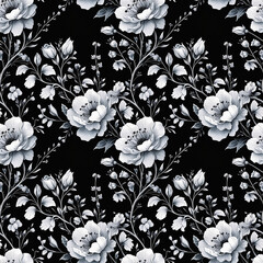 Seamless pattern with vintage white flowers on a black background, creating an elegant sophisticated charm