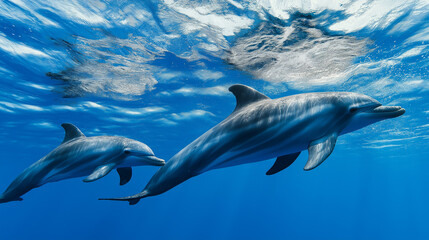 Obraz premium Playful Dolphins Gliding Underwater in a Tropical Marine Habitat