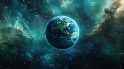 Obraz premium A stunning image of a vibrant planet floating in the vastness of space, surrounded by twinkling stars.