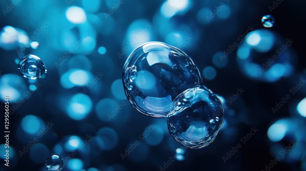 Poster glowing gas bubbles rise through the deep blue water during an underwater exploration experience. ge