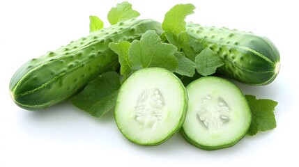 Fresh Green Cucumbers with Leaves Slices Healthy Food