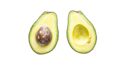 Two halves of fresh avocado showing seed and empty pit on transparent background