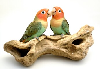 Naklejka premium Two lovebirds perched on driftwood isolated on white background