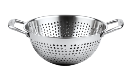High-resolution stainless steel colander isolated on transparent background for culinary use in kitchen design projects and food preparation concepts.