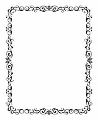 Elegant black and white decorative frame with intricate swirls and detailed design, perfect for invitations or artistic presentations