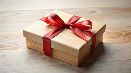 A simple wooden gift box adorned with a rich crimson ribbon, ready for presentation on a light wood surface