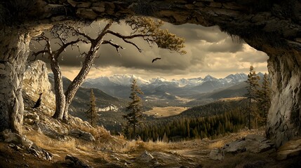 Mountain Landscape Viewed Through Cave Opening