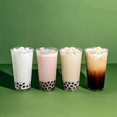 glass of milk and kiwi, different types of drinks on a table