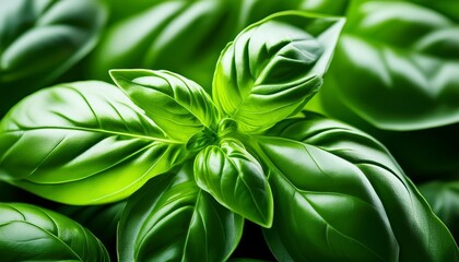 Obraz premium Macro shot of fresh basil leaves, showcasing intricate veins and a rich green color, highlighting the vibrant freshness and detailed texture.