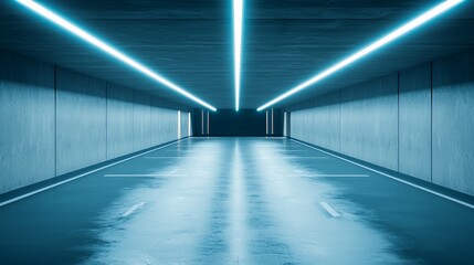 Blue Neon Lit Concrete Parking Garage Tunnel