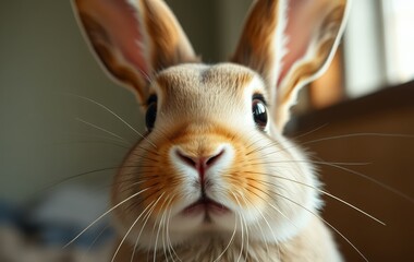 Obraz premium Rabbit face closeup with whiskers and inquisitive eyes indoor portrait