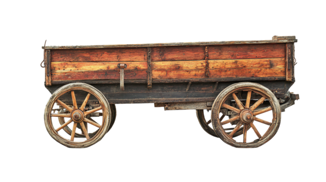 Vintage wagon car with wooden wheels isolated on transparent background.
