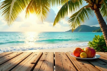 Obraz premium Warm sunny day at tropical beach with wooden table and calm sea, water, relaxation