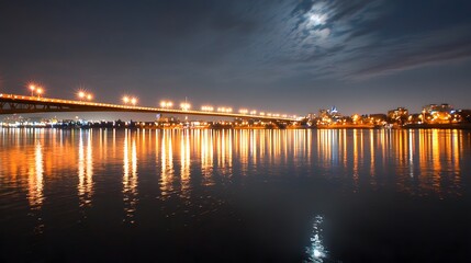 Obraz premium Urban serenity night skyline with dramatic bridge reflections and aesthetic views
