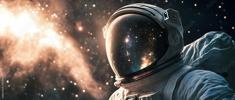 Wall mural astronaut exploring deep space with galaxies and stars reflected in helmet visor -