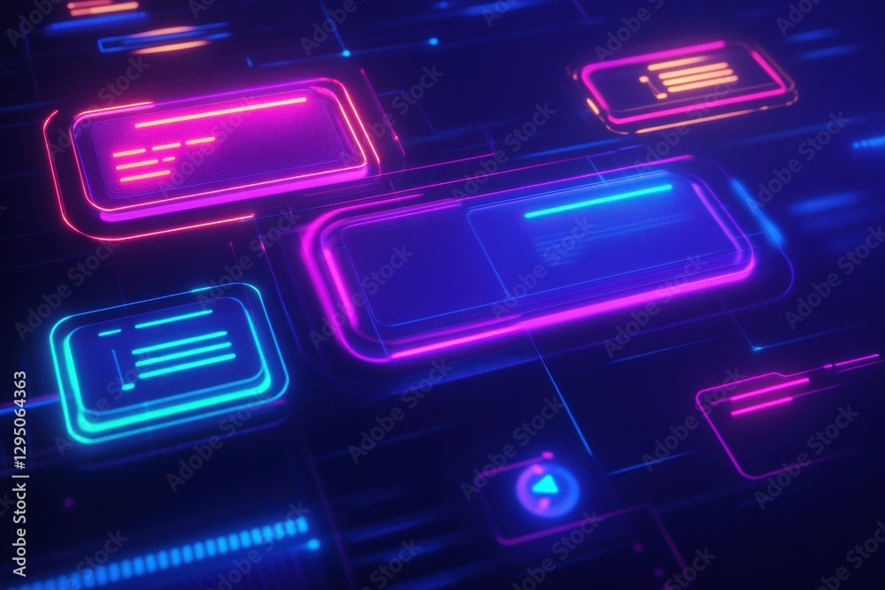 Poster Floating message bubbles and glowing notifications in a vibrant social media chat interface at night. Generative AI
