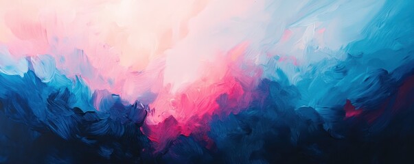 A vibrant abstract painting featuring swirling blue and pink shapes, set against a dynamic red and blue background.