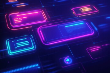 Floating message bubbles and glowing notifications in a vibrant social media chat interface at night. Generative AI