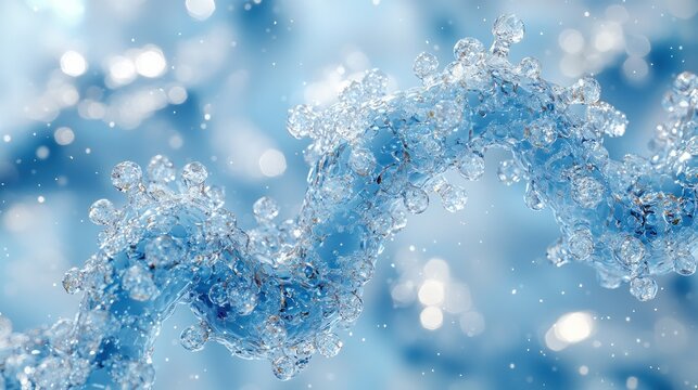 Abstract DNA helix, crystalline structure, in a soft, blue bokeh background. Educational illustration