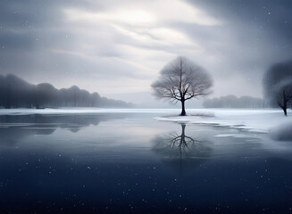 Tranquil winter landscape featuring a bare tree reflecting in calm water. Soft background with distant trees under a cloudy sky.