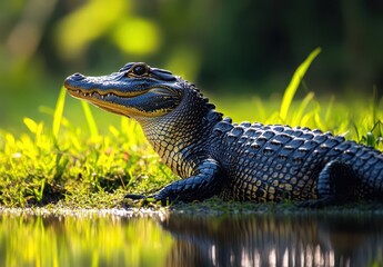 Obraz premium Close-Up of a Young Alligator Relaxing by the Water's Edge Surrounded by Lush Green Grass and Reflected Light in a Tranquil Natural Habitat