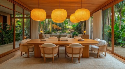 Modern dining room with lush garden view