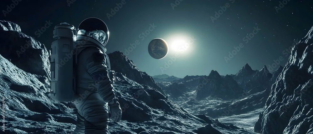 Wall mural astronauts exploring planets in outer space, deep space adventure concept -