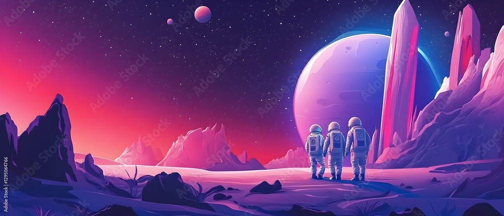 Wall mural astronauts exploring planets in outer space, deep space adventure concept -