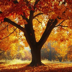 A vibrant, arafed tree adorned with bright yellow leaves stands prominently in a grassy field, beside a red fire hydrant.