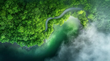 A winding road meanders through vibrant green trees near the water