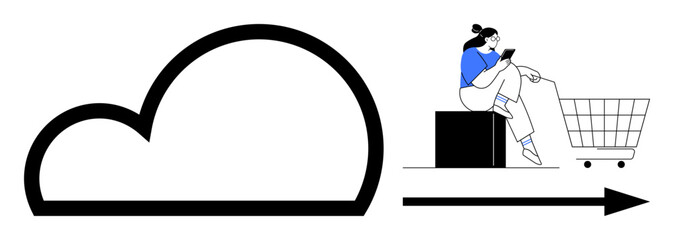 Cloud outline, arrow pointing right, person with phone seated on box beside shopping cart. Ideal for e-commerce, digital connectivity, modern technology, online shopping, consumer behavior, cloud