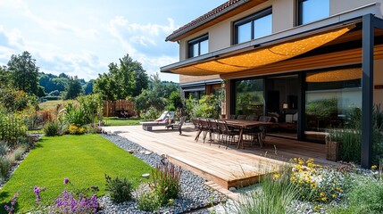 Modern home exterior with patio, deck, and lush landscaping.