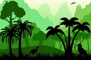 A breathtaking view of lush green mountains and tropical trees, with silhouettes of palm trees and birds, creating a vibrant, serene atmosphere