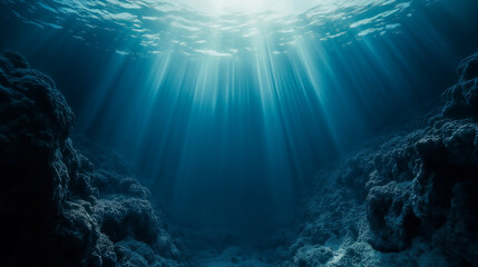 Obraz premium Sunlight Beaming Through Deep Ocean Water with Rocky Seabed