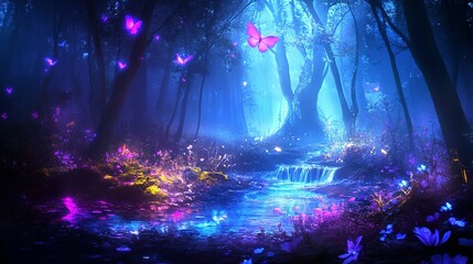 Glowing butterflies fly through a mystical vibrant blue forest scene