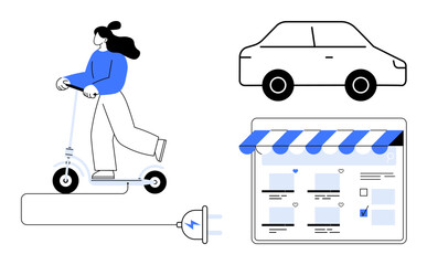 Various transportation modes and digital interaction. Woman riding electric scooter, car, online storefront, electric plug. Ideal for urban mobility, sustainability, technology, digital economy