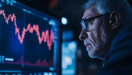 Bear market concept with a senior man watching crashing stocks  - 