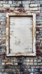 Naklejka premium Weathered frame hangs on a textured and aging brick wall