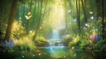 Obraz premium A Serene Forest Scene Depicting Magical Butterflies and Waterfall