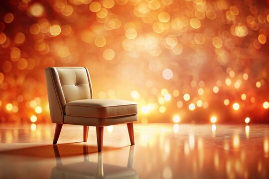 A single, elegant armchair rests on a polished floor, bathed in the warm glow of a bokeh-filled background, creating a scene of tranquil sophistication and inviting ambiance.