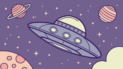 A fun, colorful rocket ship traveling through outer space, surrounded by planets, stars, and swirling cosmic clouds, evoking a sense of adventure and discovery