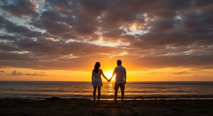 Couple Silhouetted Against a Vibrant Sunset on a Tropical Beach