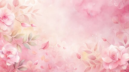 Obraz premium Delicate Watercolor Roses and Leaves on a Soft Pink Background, Ideal for Wedding Invitations or Romantic Designs
