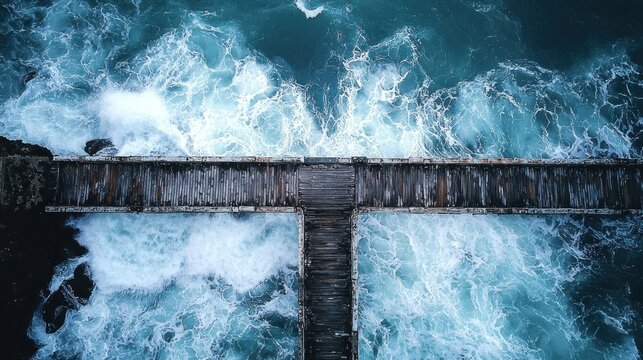 Aerial view Ocean waves crashing pier, coastal cliff